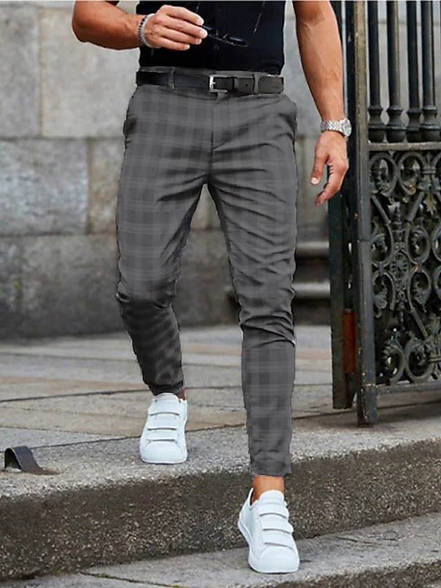  Men's Chinos Slacks Pencil Trousers Plaid Checkered Lattice Soft Full Length Daily Weekend Office / Business Casual / Sporty Blue Grey Inelastic / Fall
