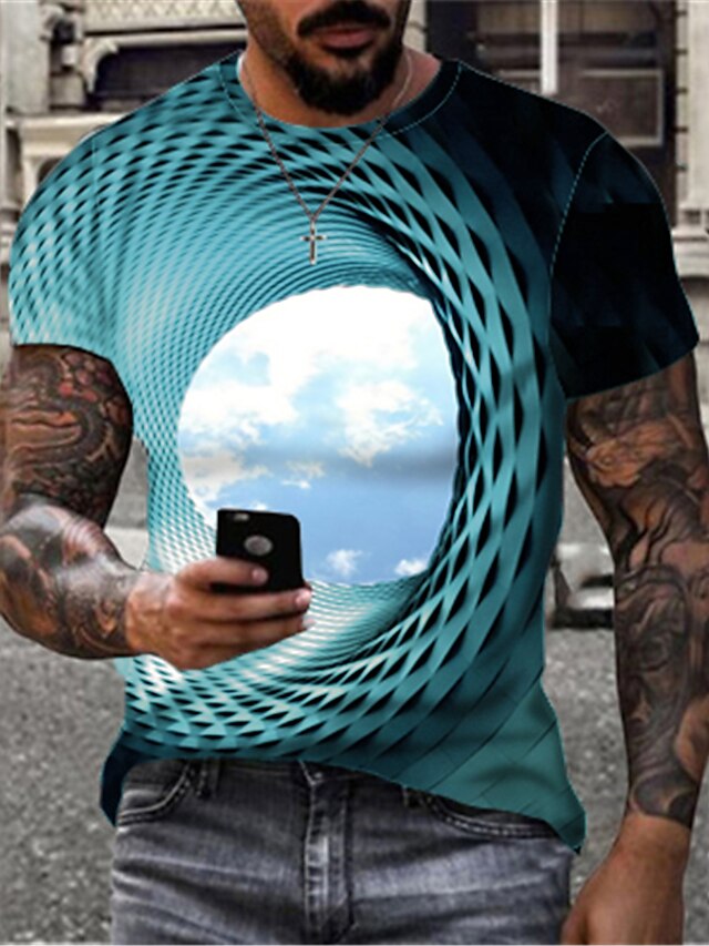 Men's T shirt Tee Optical Illusion Clouds Round Neck Black Yellow Blue ...