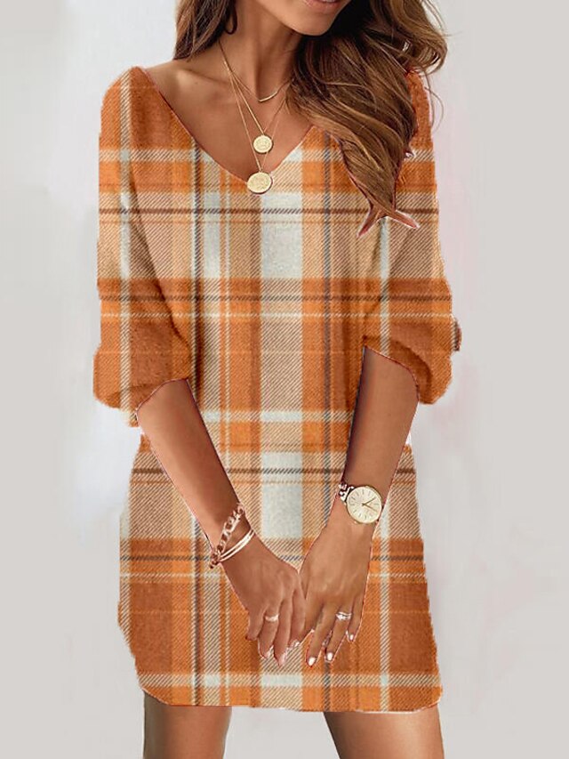  Mujer Vestido sudadera Vestido de invierno Vestido de cambio Mini vestido Amarillo Naranja Manga 3/4 Plaid Estampado Otoño Invierno Escote en Pico Vacaciones Víspera de Todos los Santos Holgado 2023