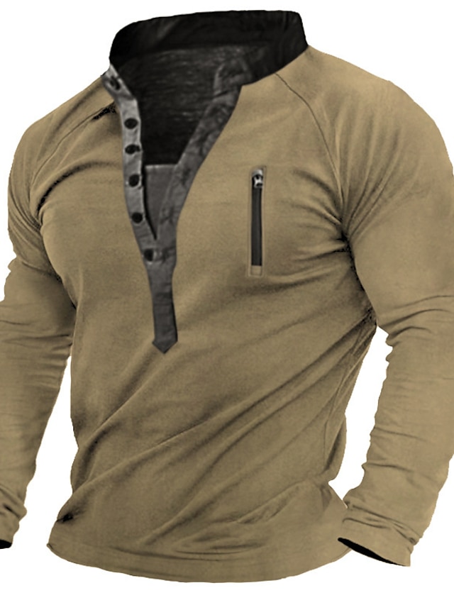  Miesten Pluskoko Iso korkea T-paita Henley-paita T-paidat Stand-kaula-aukko Tumman vihreä Khaki Pitkähihainen ulko- Bile Etuvetoketju Edessä tasku Painike alas Tavallinen Vaatetus Polyesteri Tyylikäs