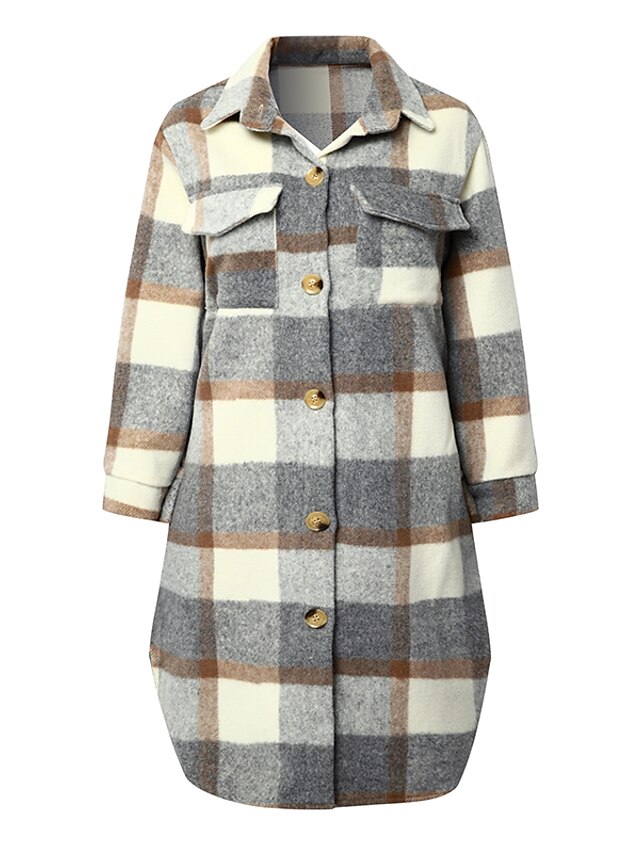 Women's Wool Blend Coat Winter Plaid Shacket Jacket Fall Long Pea Coat ...