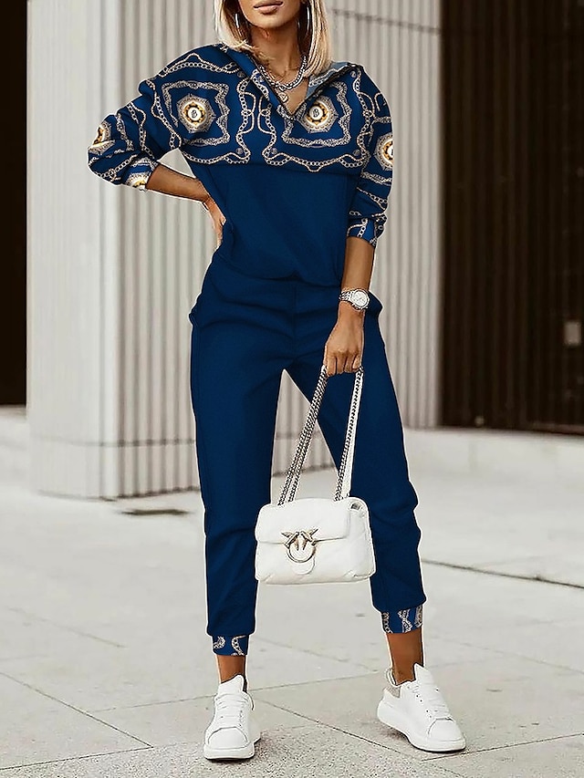  Mujer Sudadera Chándal Conjuntos de pantalones Graphic Deporte Casual Estampado Azul Piscina Manga Larga Activo Ropa de calle Boho Con Capucha Otoño invierno
