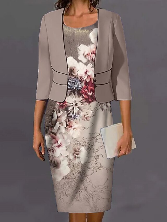 Women's Dress Set Two Piece Dress Midi Dress Gray 3/4 Length Sleeve