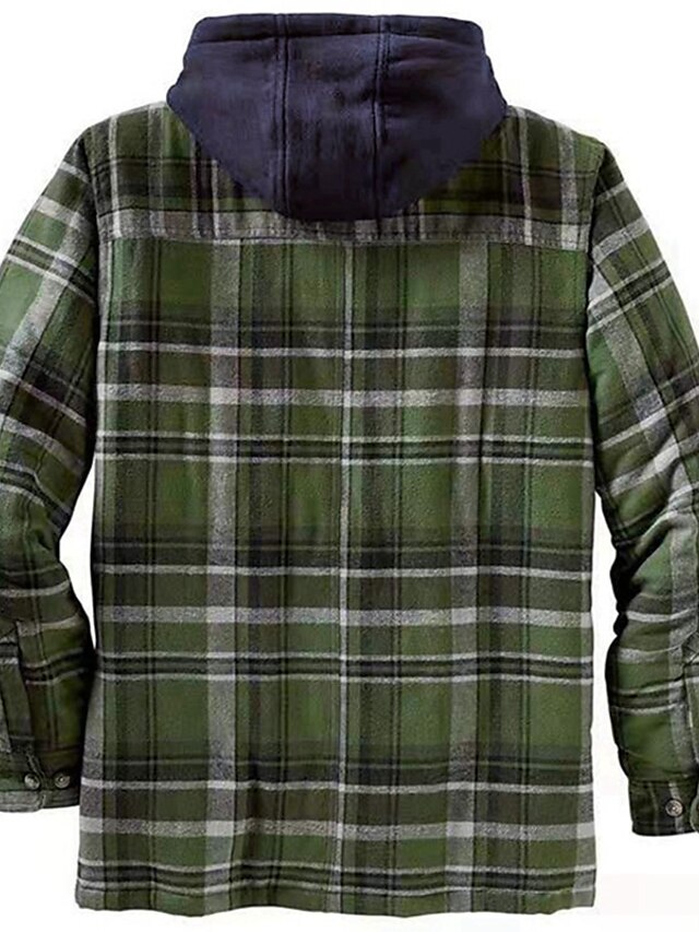 Men's Shirt Jacket Shacket Winter Jacket Stripes and Plaid Hoodie Green ...