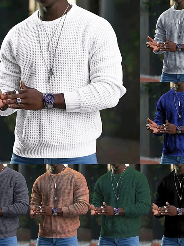  Men's Sweater Pullover Sweater jumper Ribbed Knit Cropped Knitted Solid Color Crew Neck Basic Stylish Outdoor Daily Clothing Apparel Fall Winter Army Green Khaki S M L / Cotton / Long Sleeve