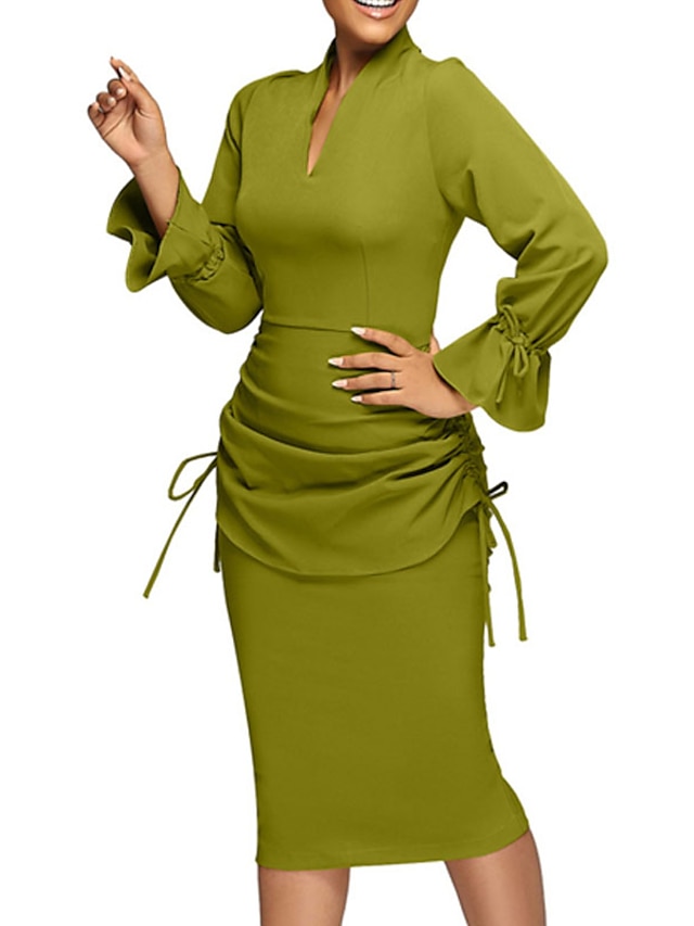 Womens Bodycon Sheath Dress Knee Length Dress Black Yellow Green Long Sleeve Pure Color Ruffle