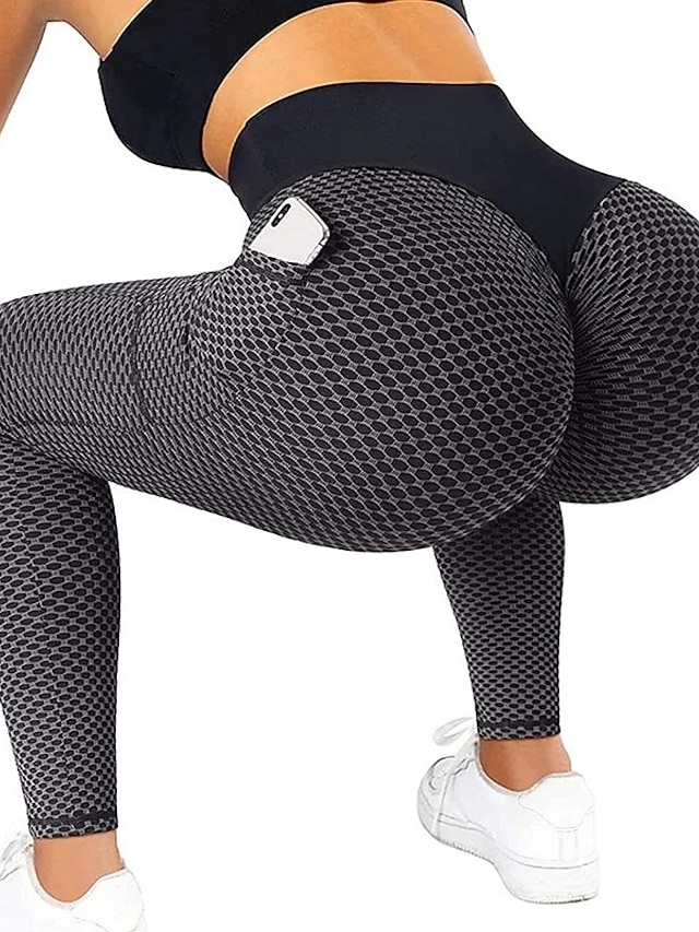  Women's Yoga Leggings Plus Size Scrunch Butt Side Pockets Jacquard Tummy Control Butt Lift Quick Dry Yoga Fitness Gym Workout Tights Leggings Black Green Gray Sports High Elasticity