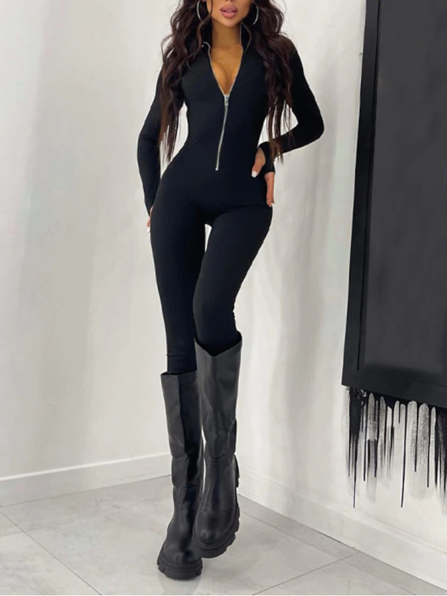 Women's Jumpsuit Workout Bodysuit Zipper High Waist Solid Color Turtleneck Zipper Front Street Sport Bodycon Long Sleeve Skinny Pants Yoga Workout Jogging Sets Bike Gym Cold Weather 7