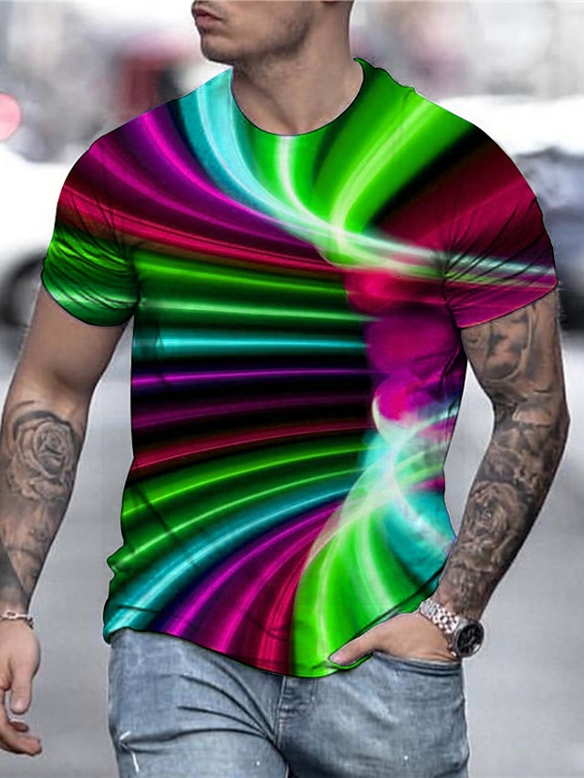 Men's T shirt Tee Tee Graphic Optical Illusion Round Neck Green / Black ...