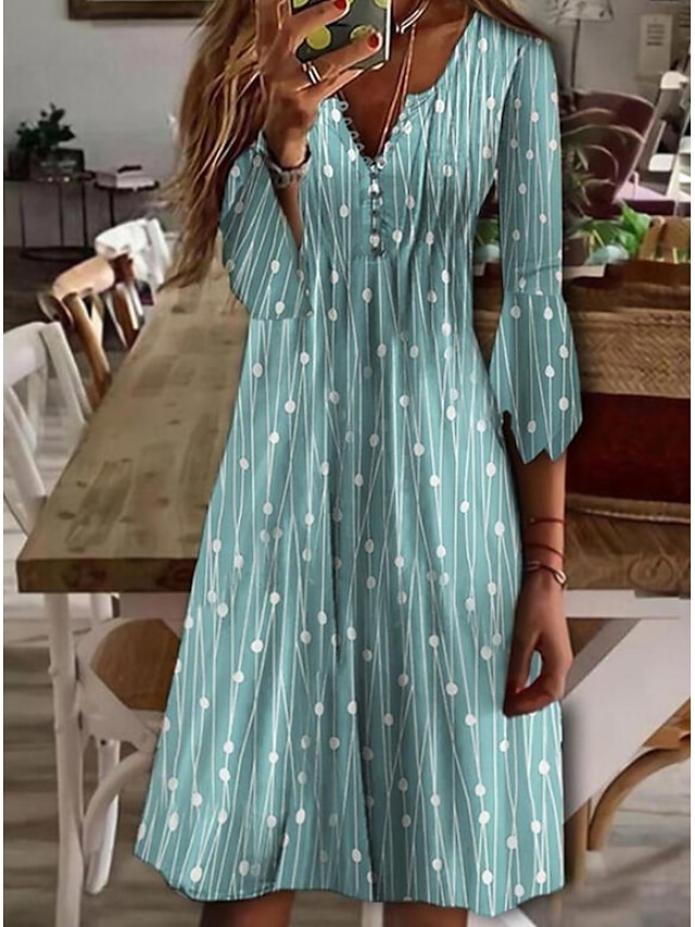  Women's Casual Dress Mini Dress Light Blue 3/4 Length Sleeve Polka Dot Print Summer Spring V Neck Fashion 2023 S M L XL XXL 3XL