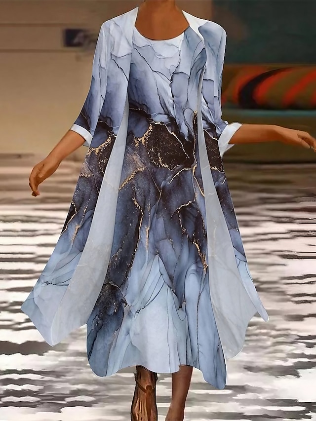  Damen Kleid-Set Zweiteiliges Kleid Etuikleid Midikleid Staubiges Blau Langarm Bedruckt Bedruckt Sommer Frühling Rundhalsausschnitt Stilvoll winterkleider damen herbstkleider Lockere Passform 2023 S M