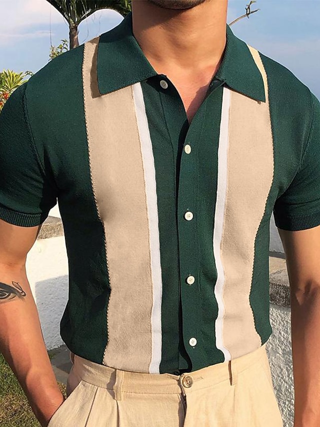  Men's Knit Polo Sweater Polo Shirt Outdoor Street Turndown Button Short Sleeve Casual Striped Button Front Summer Spring Fall Regular Fit Black White Blue Green Black White Knit Polo Sweater