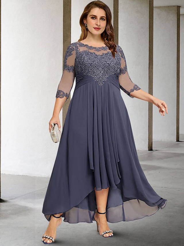  A-Line Plus Size Curve Mother of the Bride Dresses Elegant Dress Formal Wedding Guest Asymmetrical 3/4 Length Sleeve Jewel Neck Chiffon with Pleats Ruched Appliques 2024