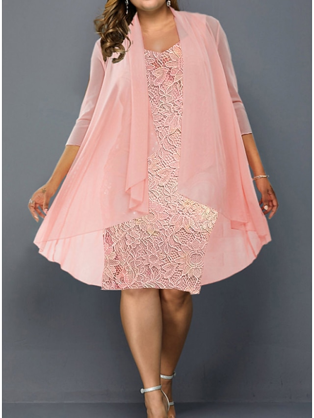 Women's Plus Size Two Piece Dress Print Crew Neck Lace 3/4 Length