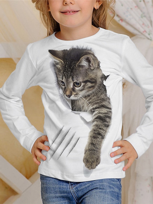  Kids Girls' T shirt Long Sleeve 3D Print Animal Cat White Black Gray Children Tops Fall Winter Active Sports Fashion Outdoor Daily Indoor Regular Fit 3-12 Years