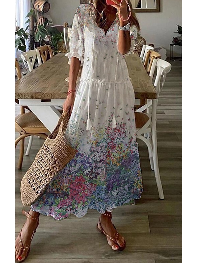 Women's Casual Dress Print Dress Long Dress Maxi Dress White Half ...