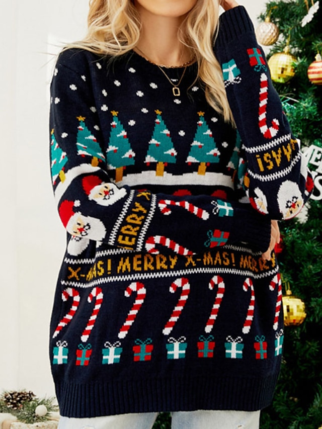  Women's Ugly Christmas Sweater Pullover Sweater Jumper Crochet Knit Knitted Snowman Crew Neck Stylish Casual Christmas Holiday Winter Fall Navy Blue S M L / Long Sleeve / Regular Fit