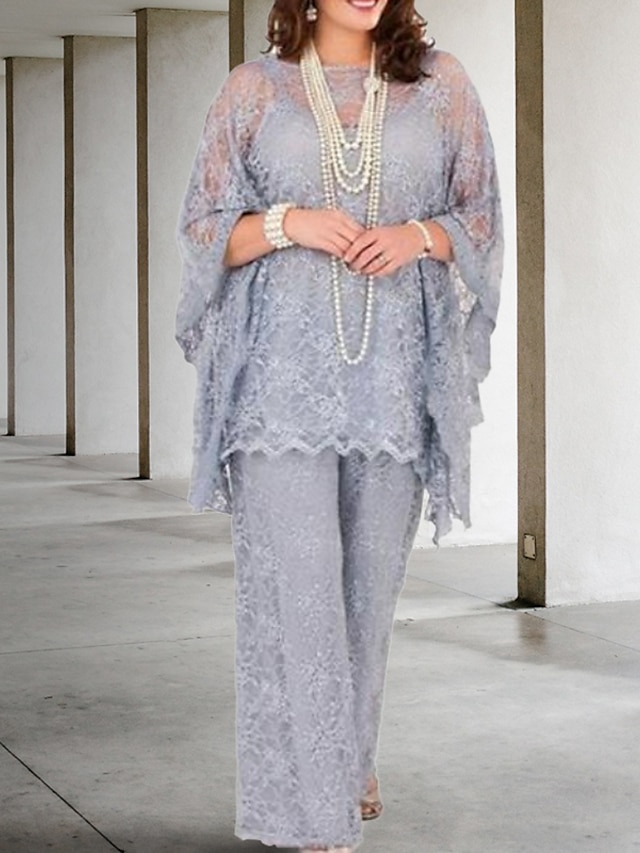  Jumpsuit / Pantsuit Mother of the Bride Dress Plus Size Jewel Neck Floor Length Chiffon Long Sleeve with Lace 2024