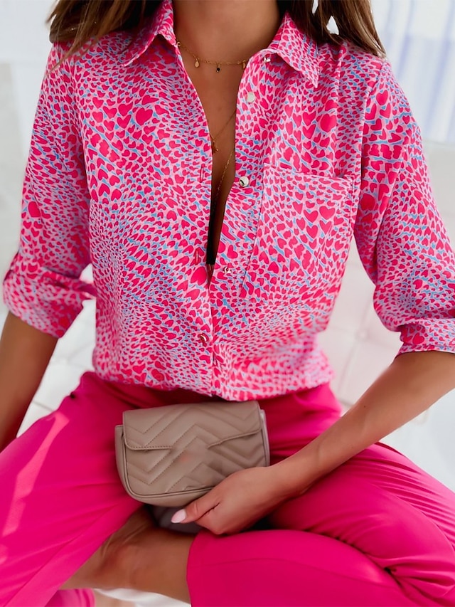 Women's Shirt Blouse Graphic Letter Black White Pink Print Button ...