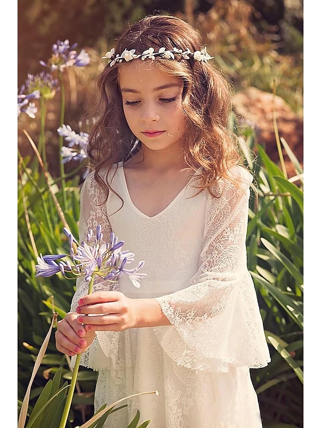 ALine Floor Length Flower Girl Dress Wedding Party Girls Cute Prom Dress Lace with Lace Boho