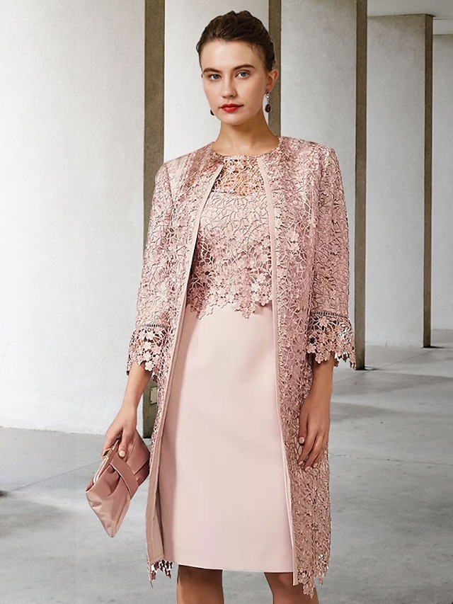  Two Piece Sheath / Column Mother of the Bride Dress Church Elegant Jewel Neck Knee Length Chiffon Lace Short Sleeve Jacket Dresses with Appliques 2024