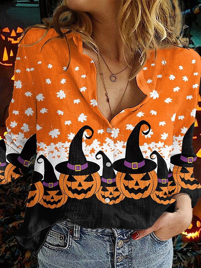  Dame Bluse Blad Gresskar Halloween Helg Blomster Tema Bluse Skjorte Langermet Knapp Trykt mønster Skjortekrage Gatemote Fritid Halloween Oransje S / 3D-utskrift