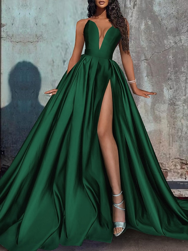  βραδινό φόρεμα σε γραμμή κόκκινο πράσινο φόρεμα επίσημο γαμήλιο τρενάκι αμάνικο στράπλες σατέν με πιέτες σχίσιμο 2024