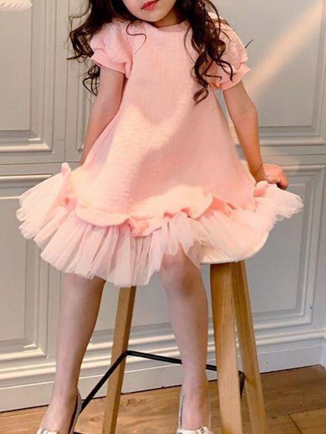  Kinderkleid für kleine Mädchen einfarbig A-Linienkleid für den Alltag Urlaub rosa über dem Knie kurzarm Prinzessin süße Kleider Frühling Sommer normale Passform 3-10 Jahre