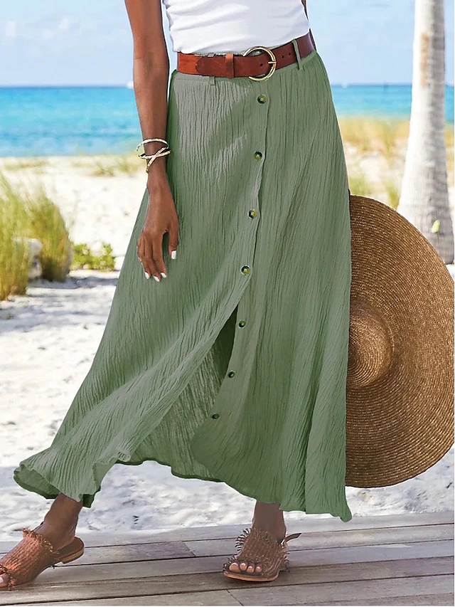 Women's Skirt Long Skirt Linen Skirts Straight Fashion coastal grandma style Summer Maxi Skirts Solid Colored Split Vacation Office / Career Black White Navy Blue Orange Autumn / Fall Polyester 7