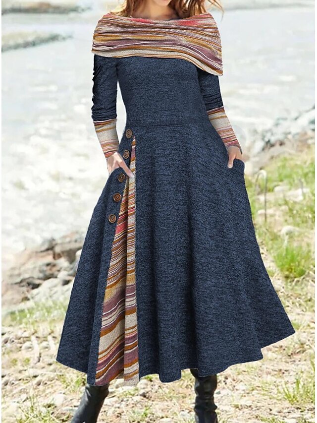 Women's Casual Dress Midi Dress Midi Dress Blue 3/4 Length Sleeve Print