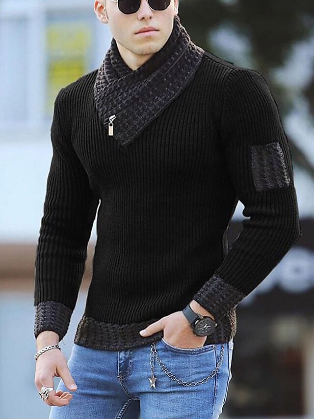  Men's Pullover Sweater Waffle Knit Cropped Knitted Solid Color Crew Neck Basic Stylish Outdoor Daily Fall Winter Black Khaki M L XL / Cotton / Long Sleeve