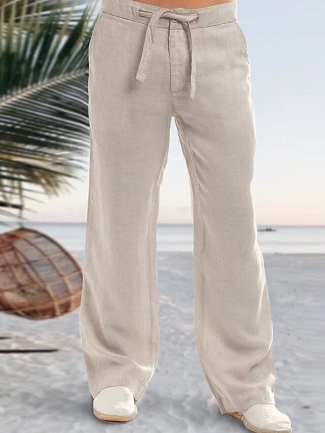  Men's Linen Pants Trousers Casual Pants Pocket Drawstring Straight Leg Plain Comfort Soft Daily Holiday Streetwear Linen / Cotton Blend Streetwear Stylish Beige Micro-elastic