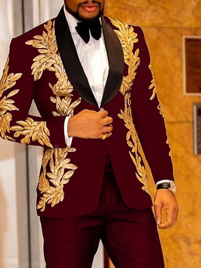  Burgundy Men's Prom Suits Party Prom Suits Sequin Disco Sparkly Tuxedos 2 Piece Shawl Collar Floral Print Standard Fit Single Breasted One-button 2024