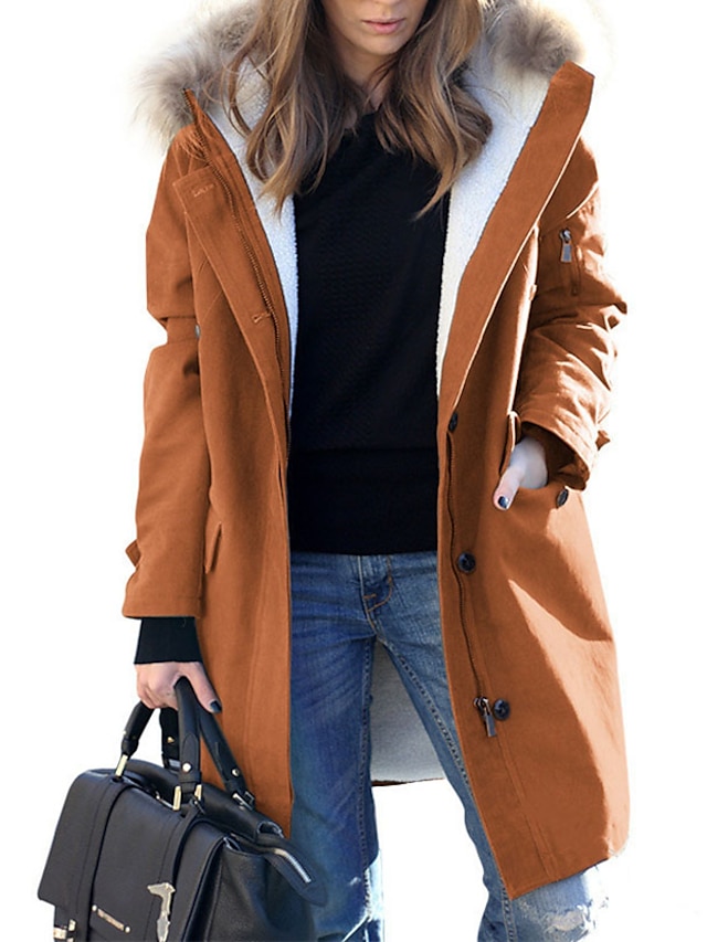  Women's Winter Coat Winter Jacket Parka Windproof Warm Zipper Pocket Fur Collar Fleece Lined Chic & Modern Casual Daily Street Style Solid Color Outdoor Vacation Valentine's Day Street Zipper Long