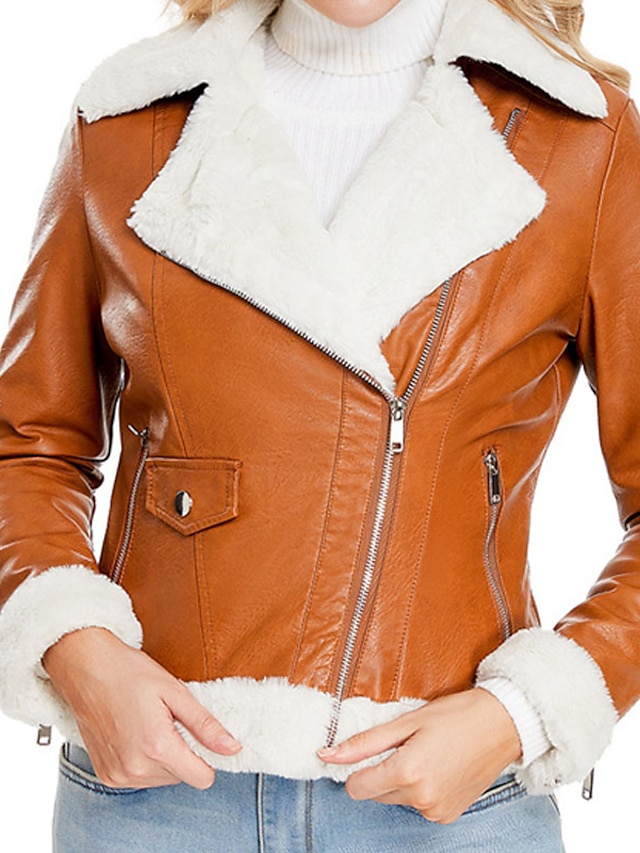  Women's Faux Leather Jacket Warm Comfortable Outdoor Street Holiday Going out Zipper Pocket Zipper Turndown Active Chic & Modern Comfortable Street Style Solid Color Regular Fit Outerwear Long Sleeve