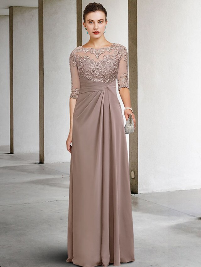 Sheath / Column Mother of the Bride Dress Formal Wedding Guest Party Elegant Jewel Neck Floor Length Satin Short Sleeve with Bow(s) Color Block main image 1