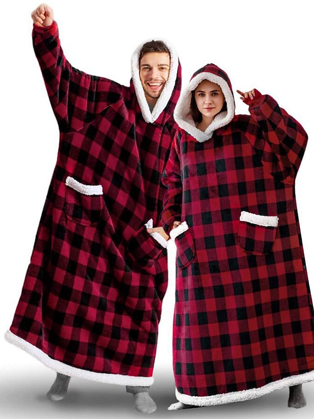  Women's Couple's Pajamas Nightgown Wearable Blanket Hoodie Blanket Comfort Oversized Plush Grid / Plaid Pure Color Fleece Party Home Christmas Hoodie Gift Long Sleeve Pocket Winter Fall Lake blue