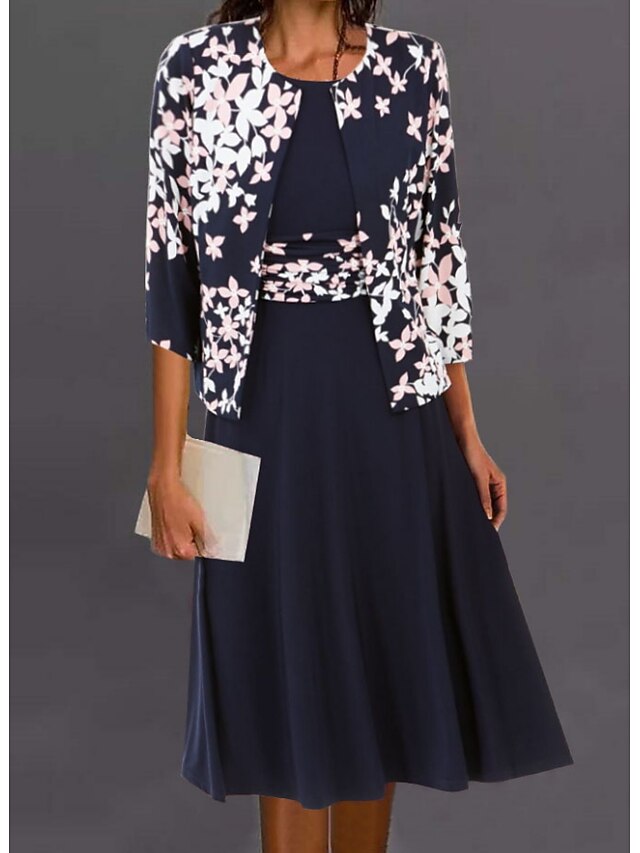 Women's Dress Set Two Piece Dress Knee Length Dress Navy Blue 3/4