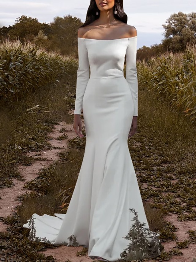  przedpokój proste suknie ślubne syrenka / trąbka z odsłoniętymi ramionami z długim rękawem tren sądowy rozciągliwa tkanina suknie ślubne w jednolitym kolorze 2024