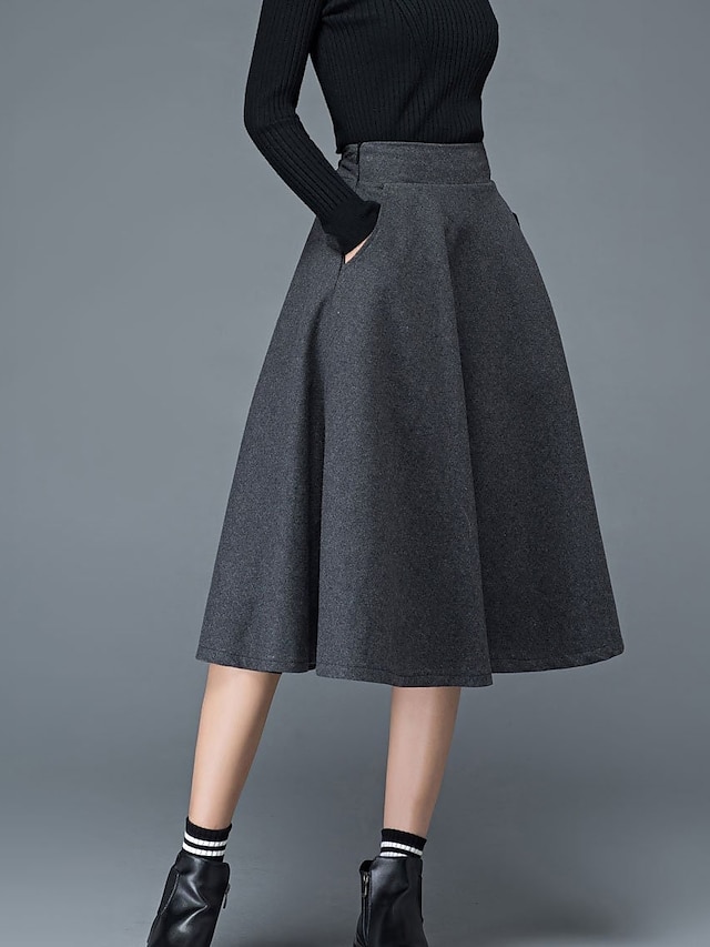  Women's Skirt Swing Midi Polyester Wine Gray Black Skirts Pocket Without Lining Streetwear Daily Weekend S M L / Loose Fit