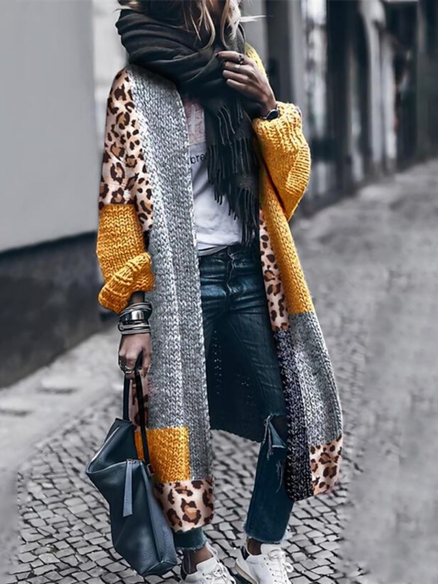  Women's Cardigan Sweater Jumper Crochet Knit Patchwork Leopard V Neck Stylish Casual Outdoor Daily Winter Fall Yellow S M L