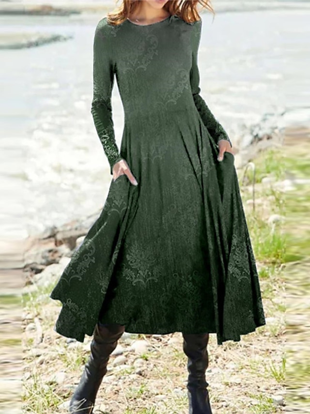  Γυναικεία Καθημερινό φόρεμα Διαβάθμιση χρώματος Τσέπη Στάμπα Στρογγυλή Λαιμόκοψη Μίντι φόρεμα Καθημερινό Καθημερινά Μακρυμάνικο Φθινόπωρο Χειμώνας