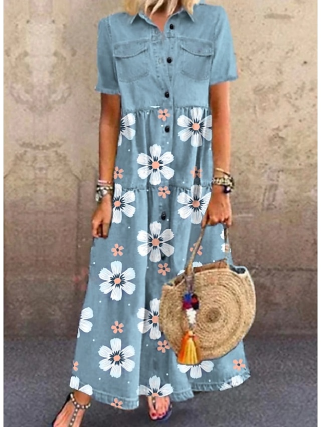 Women's Long Dress Maxi Dress Blue Short Sleeve Floral Button Spring ...