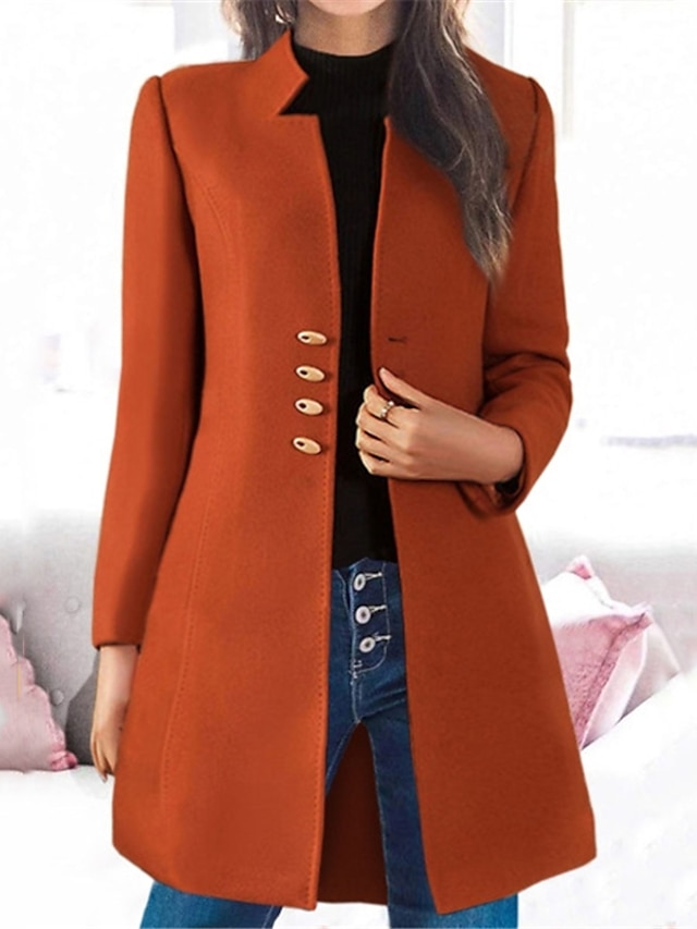  Women's Winter Coat Long Overcoat Single Breasted Stand Collar Pea Coat Thermal Warm Windproof Trench Coat Elegant Formal Outerwear Fall Outerwear Long Sleeve