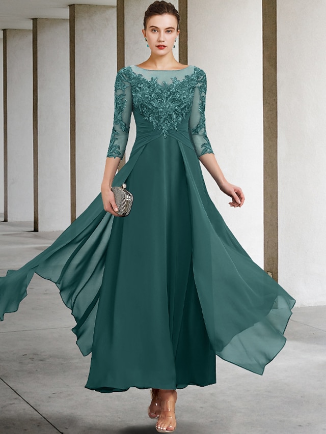  TS A-Line Mother of the Bride Dress Wedding Guest Elegant Plus Size Jewel Neck Ankle Length Chiffon Lace 3/4 Length Sleeve with Ruched Sequin Appliques 2024 free custom size