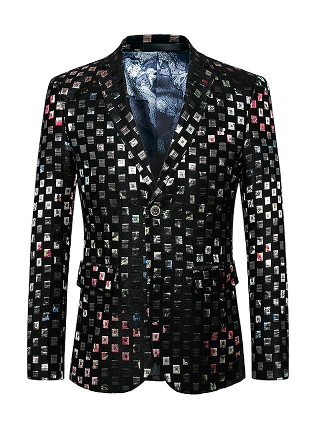  Men's Fashion Blazer Regular Standard Fit Checkered Single Breasted Two-buttons Black 2023