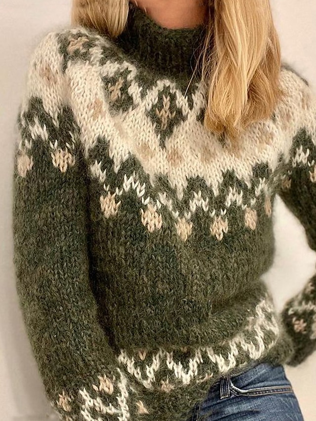  Women's Pullover Sweater Jumper Turtleneck Stand Collar Crochet Knit Knit Patchwork Knitted Print Fall Winter Cropped Daily Holiday Stylish Casual Long Sleeve Color Block Green S M L