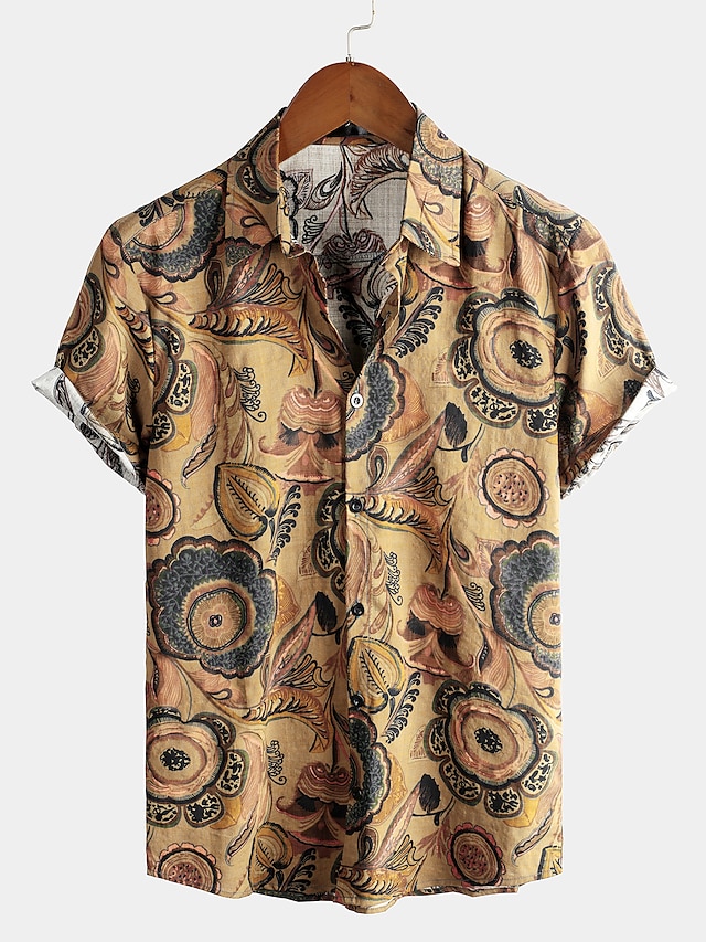  Voor heren Vissen Overhemd Boho-shirt Overhemd met knopen Korte mouw Ontwerper Basic Boho Dagelijks Strand Klassieke boord Afdrukken Rood blauw Bruin Groen