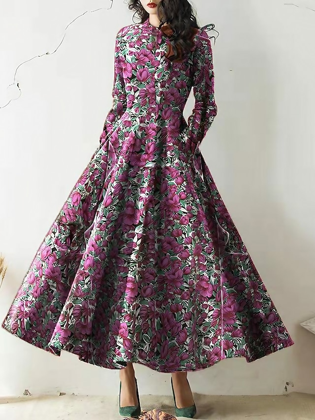 dames schede jurk swing jurk lange jurk maxi jurk paars geel rood lange mouw bloemen ruches