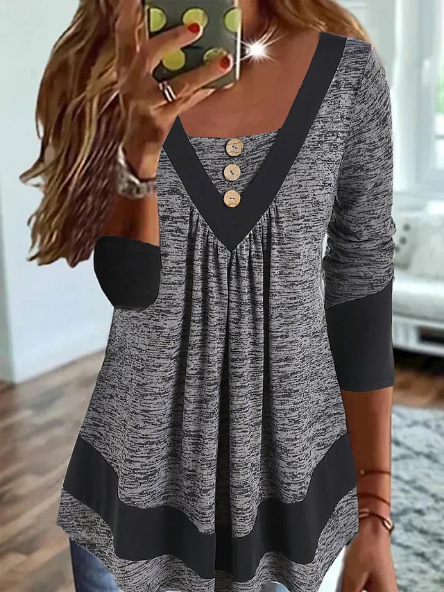 Women's Plus Size T Shirt Color Block Basic Long Sleeve V Neck Long Tops Casual Weekend Buttons Flowing tunic Blue Orange Green Gray Fall & Winter 7